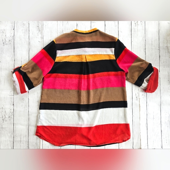 Collective Concepts Bright Stripe Colorful Half Sleeve Button Up Chiffon Blouse - Picture 4 of 11